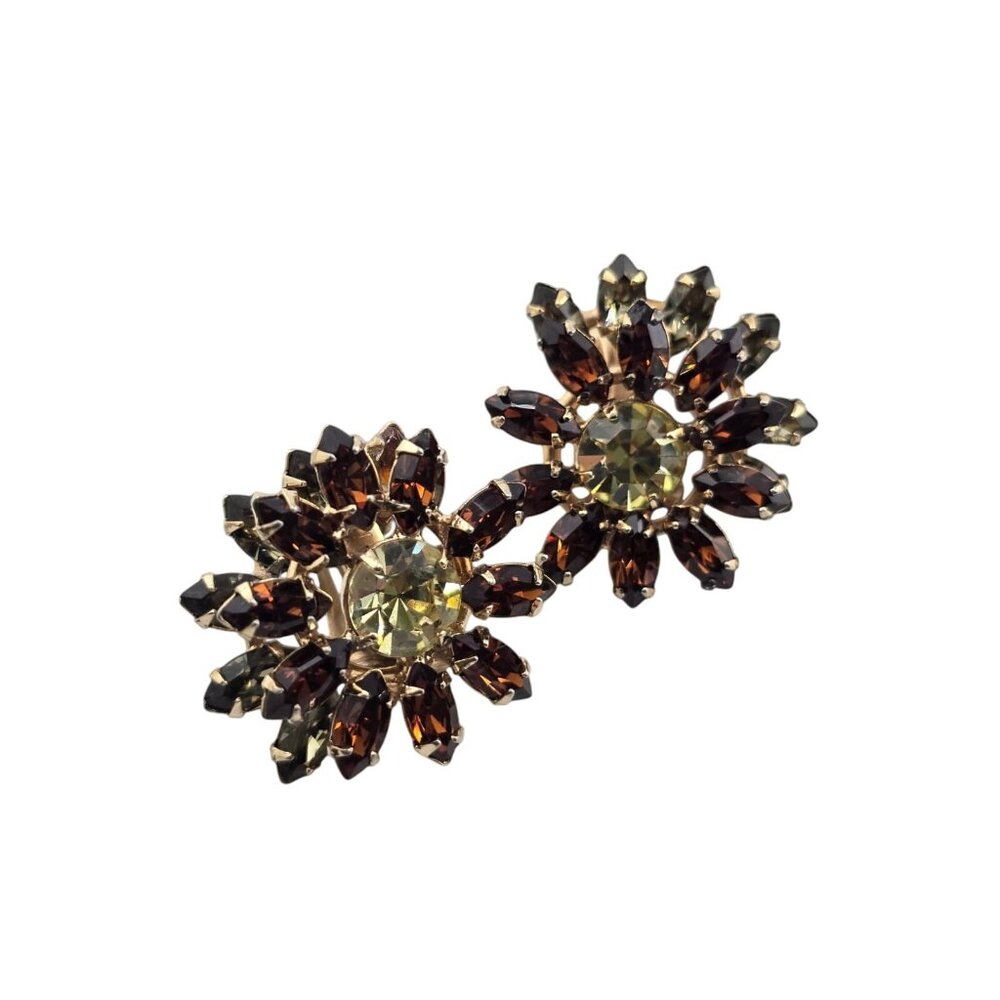 Vintage Signed Vogue Beautiful Rhinestone Faceted Flower Clip Earrings (A9282)